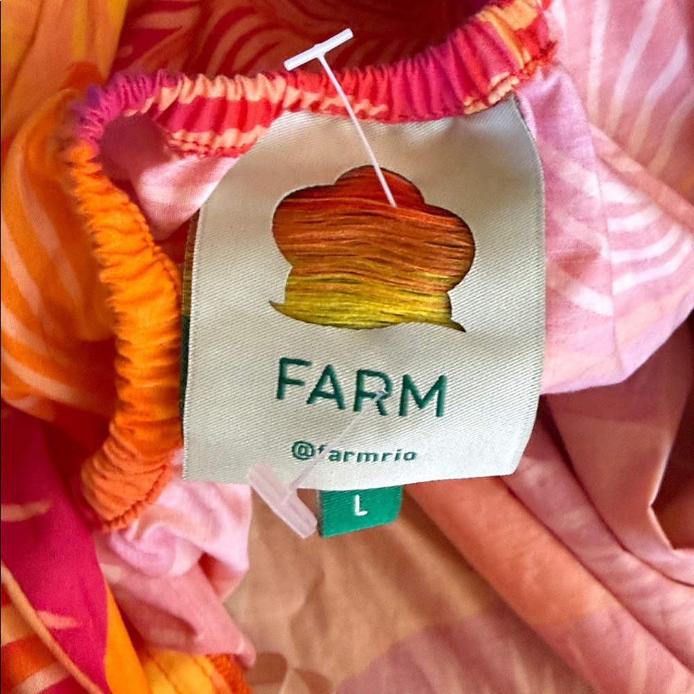 Farm Rio Ombré  Mini Dress Garden Puff Sleeve Orange Yellow Tie Back Bohemian L - Picture 8 of 14